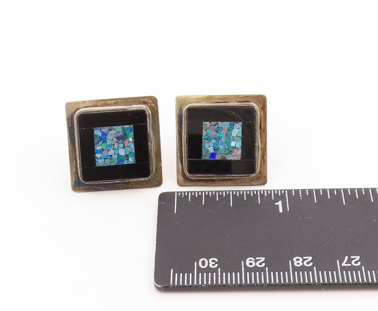 925 Sterling Silver Vintage Earrings Crushed Opal & Onyx Geometric Inlay EG14282