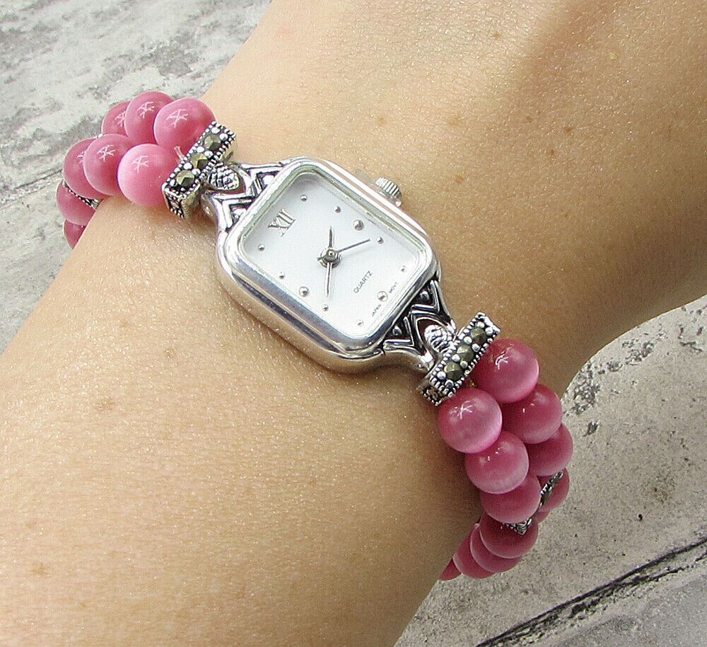 925 Sterling Silver  Beaded Cat's Eye & Marcasite Watch Bracelet  BT1022