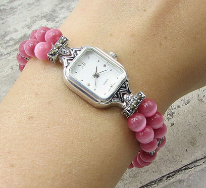 925 Sterling Silver  Beaded Cat's Eye & Marcasite Watch Bracelet  BT1022