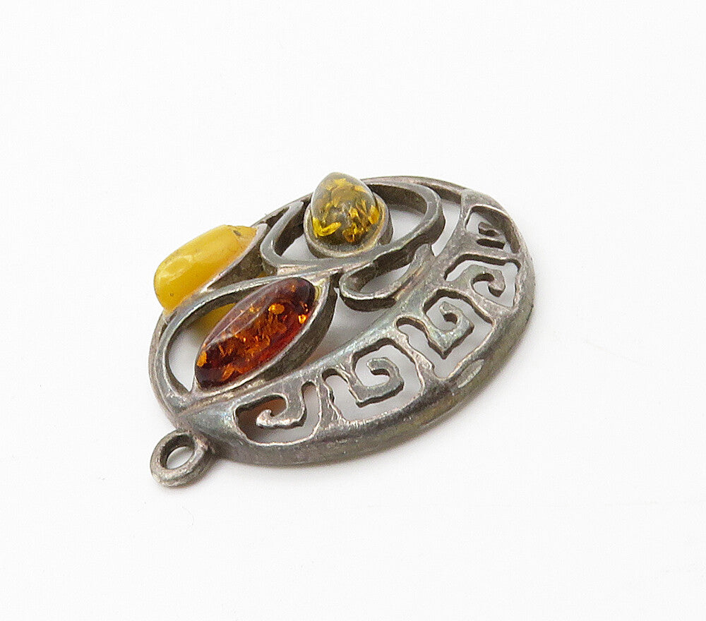925 Sterling Silver  Vintage Amber Floral Vine Greek Key Pendant  PT12473