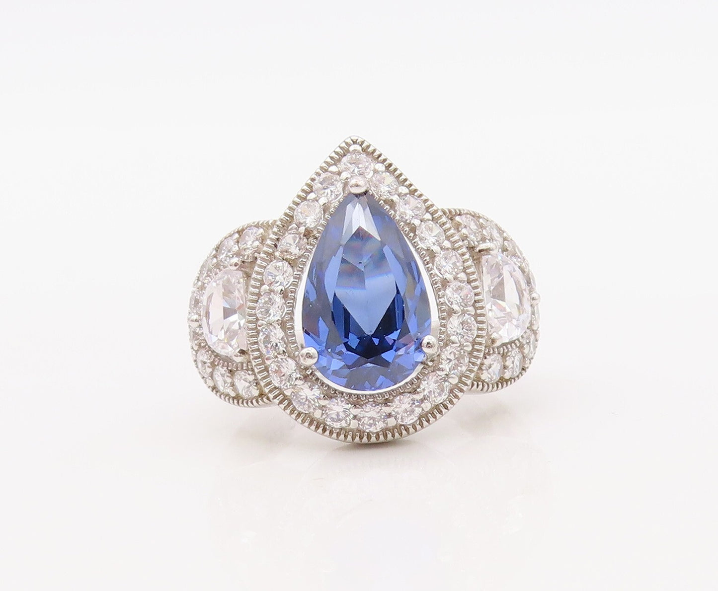 925 Sterling Silver Vintage Ring Drop Cut Sapphire Halo CZ Inlay  Sz 7  RG30657