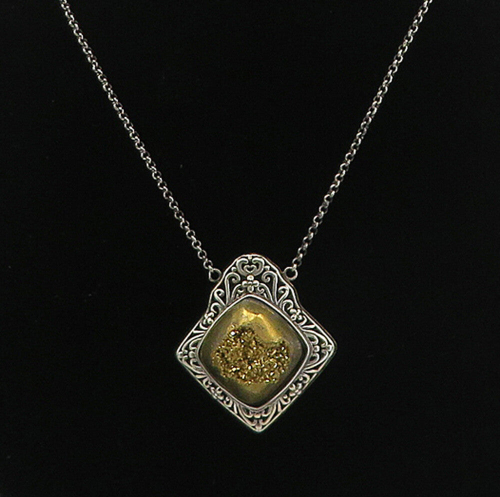 BERIA 925 Silver  Vintage Gold Druzy Stone Floral Swirl Chain Necklace  NE1325