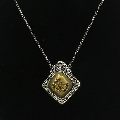 BERIA 925 Silver  Vintage Gold Druzy Stone Floral Swirl Chain Necklace  NE1325