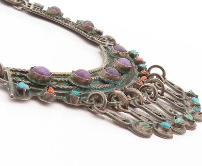925 Sterling Silver Vintage Necklace MEXICO Real Gemstones Large Royal  NE4350