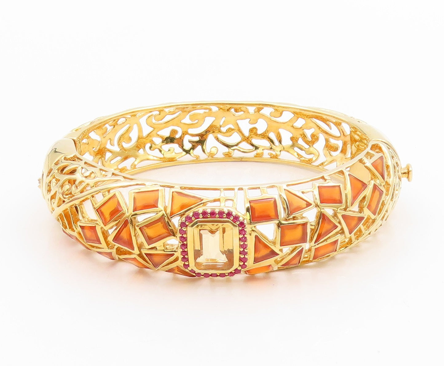 925 Sterling Silver Vintage Bracelet Gold Plated Ruby & Citrine Bangle BT11336