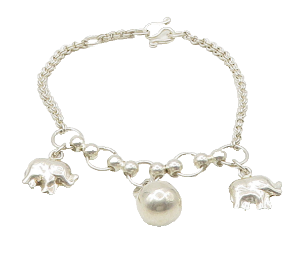 925 Sterling Silver  Vintage Shiny Elephant Charmed Chain Bracelet  BT8526