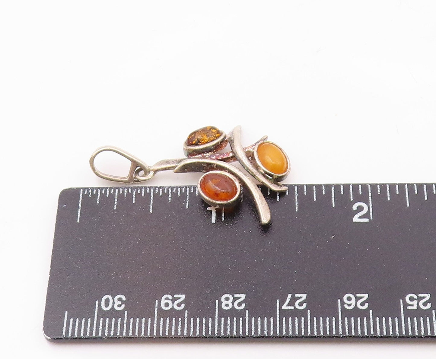 925 Sterling Silver  Vintage Cabochon Cut Amber 3 Stone Pendant  PT15701