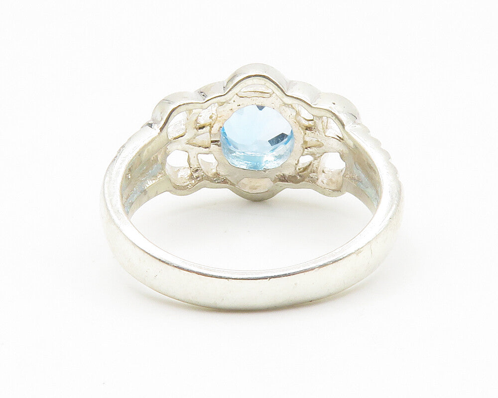 925 Sterling Silver  Blue Topaz Open Floral Shiny Band Ring Sz 7  RG14122
