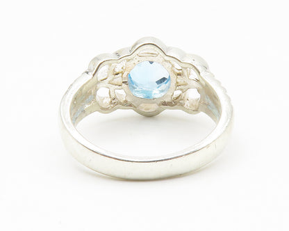 925 Sterling Silver  Blue Topaz Open Floral Shiny Band Ring Sz 7  RG14122