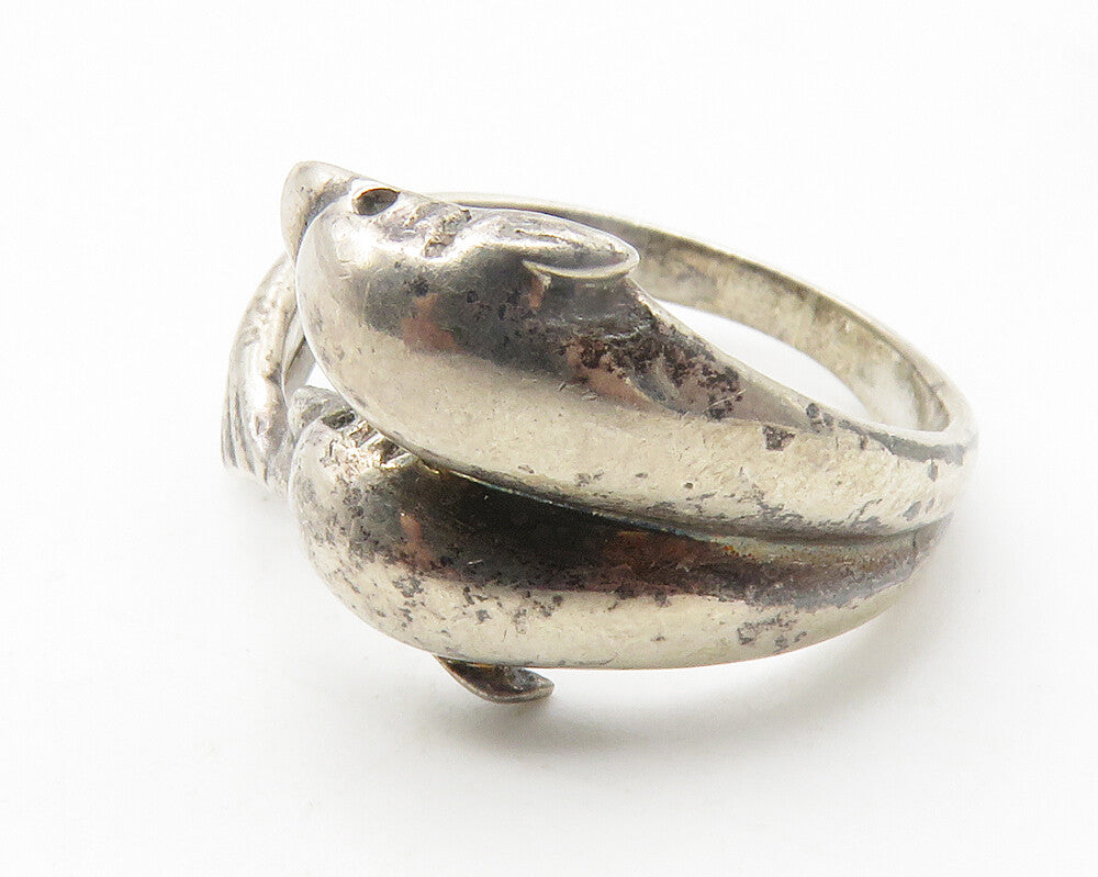 925 Sterling Silver  Vintage Dark Tone Double Dolphin Band Ring Sz 7  RG11865