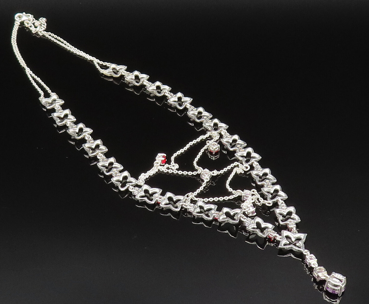 925 Sterling Silver  Vintage Amethyst & Spinel Cross Cutout Necklace  NE3868
