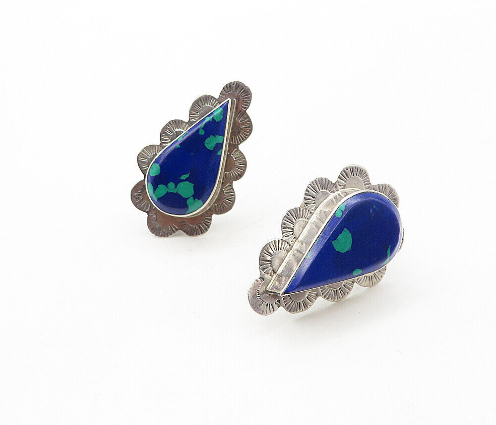 MEXICO 925 Silver  Vintage Azurite Etched Border Non Pierce Earrings  EG3963