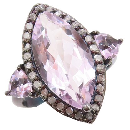 925 Sterling Silver Vintage Ring Marquise Amethyst Halo Diamonds  Sz 8  RG29816