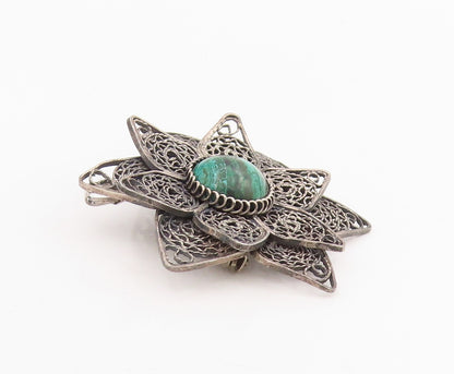 925 Sterling Silver Vintage Brooch Malachite Floral Filigree Petal Pin  BP12087