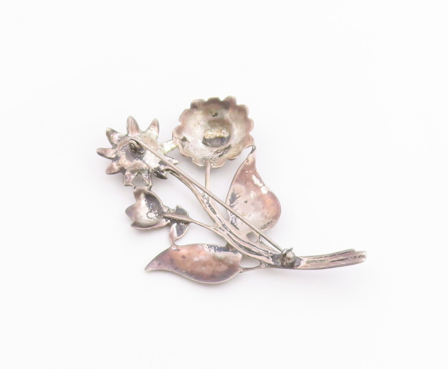925 Sterling Silver Vintage Antique Carved Flowers With Stem Brooch Pin BP9574