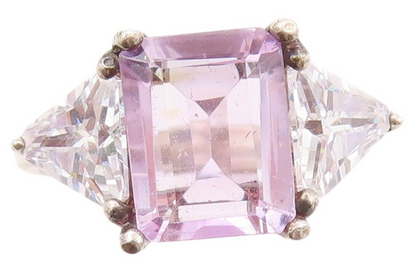 925 Sterling Silver Vintage Ring Rectangle Amethyst Triangle Topaz  Sz 8 RG32993