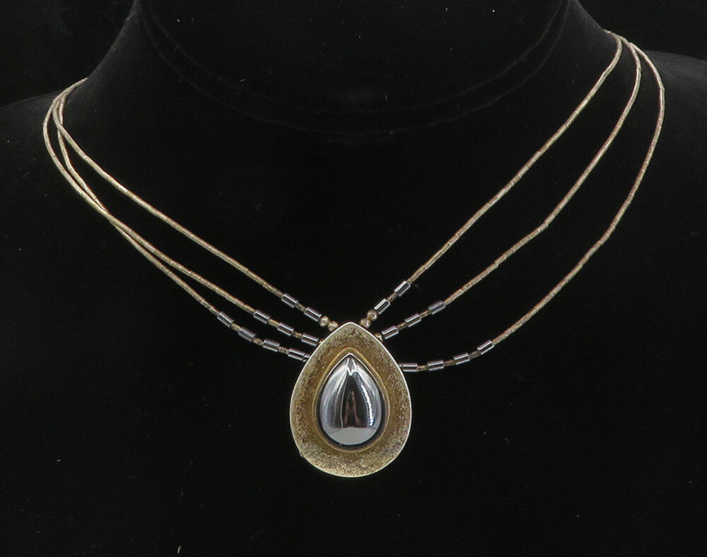 NAVAJO 925 Sterling Silver  Vintage Tear Drop Hematite Chain Necklace  NE1618