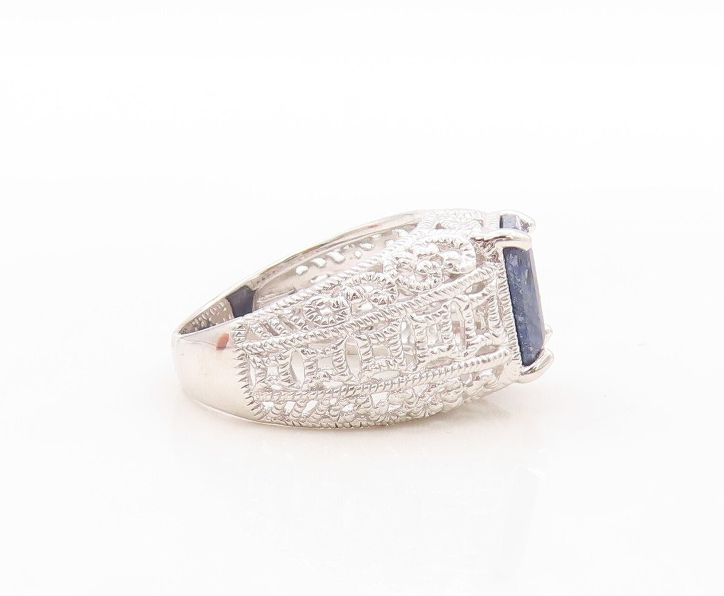 925 Sterling Silver Vintage Ring Designer Cutout Rectangle Sapphire Sz 7 RG30894