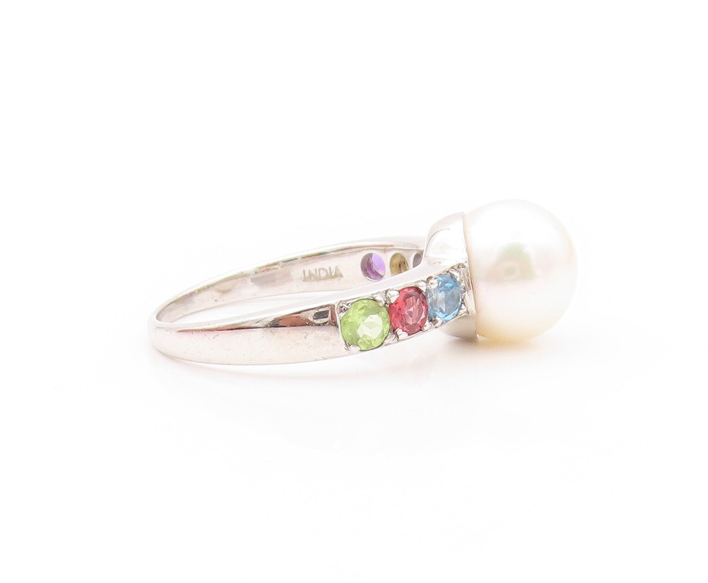 925 Sterling Silver Vintage Ring Modernist Pearl & Gemstone  SZ 8  RG32145