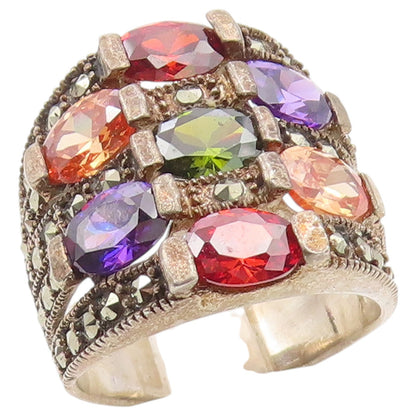 925 Sterling Silver Vintage Ring Multi Gemstone Statement Band  Sz 9  RG36558