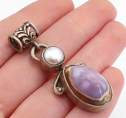 925 Sterling Silver  Vintage Pearl & Agate Swirl Detail Drop Pendant  PT3512