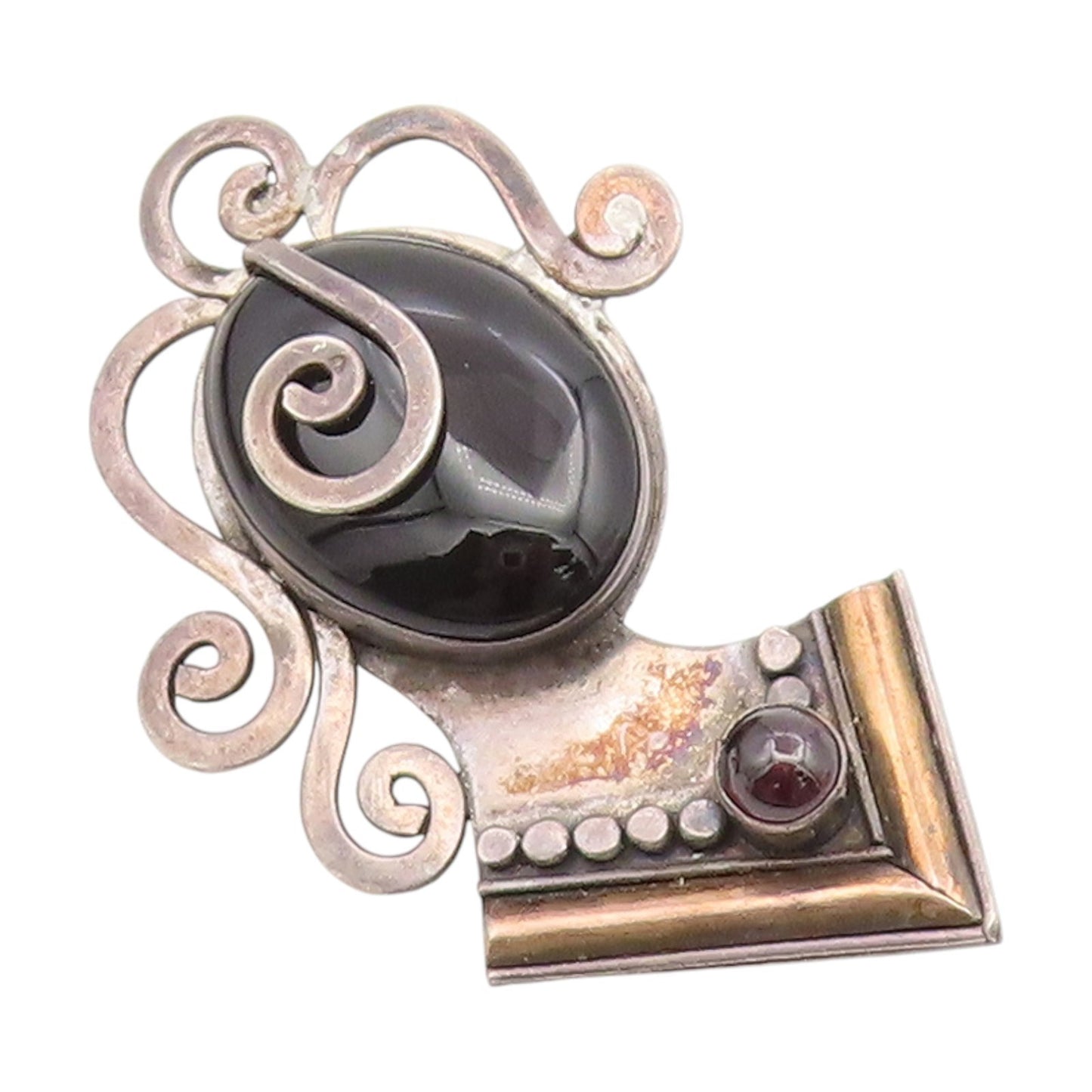14k Gold & 925 Sterling Silver Vintage Brooch Pin Onyx & Garnet Women  BP12419