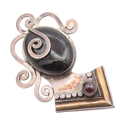 14k Gold & 925 Sterling Silver Vintage Brooch Pin Onyx & Garnet Women  BP12419