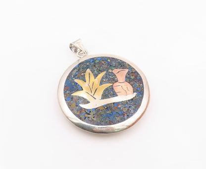 MEXICO 925 Silver  Vintage Crushed Jasper & Lapis Lazuli Sea Pendant  PT20265