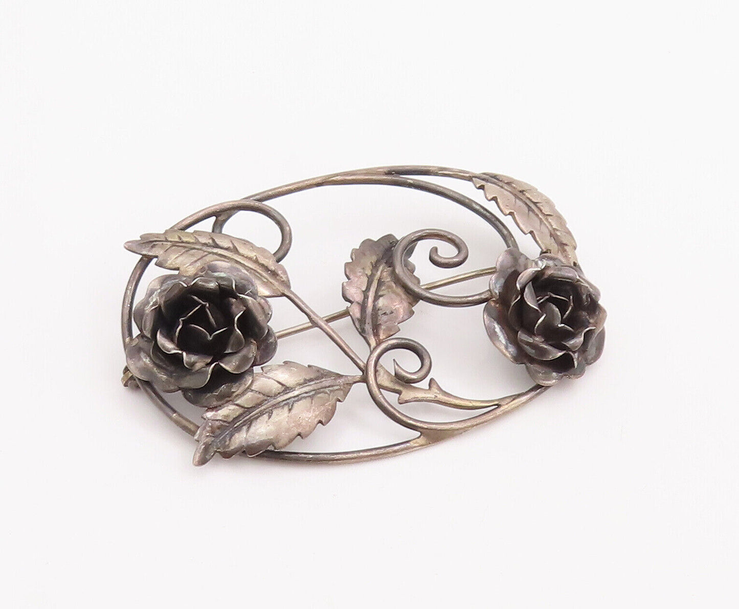 925 Sterling Silver Vintage Brooch Pin Designer Oval Cutout Flowers  BP10930