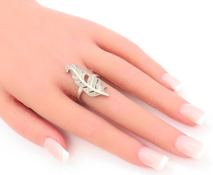 925 Sterling Silver Vintage Ring Designer Beaded Carved Leaf  Sz 7  RG28347