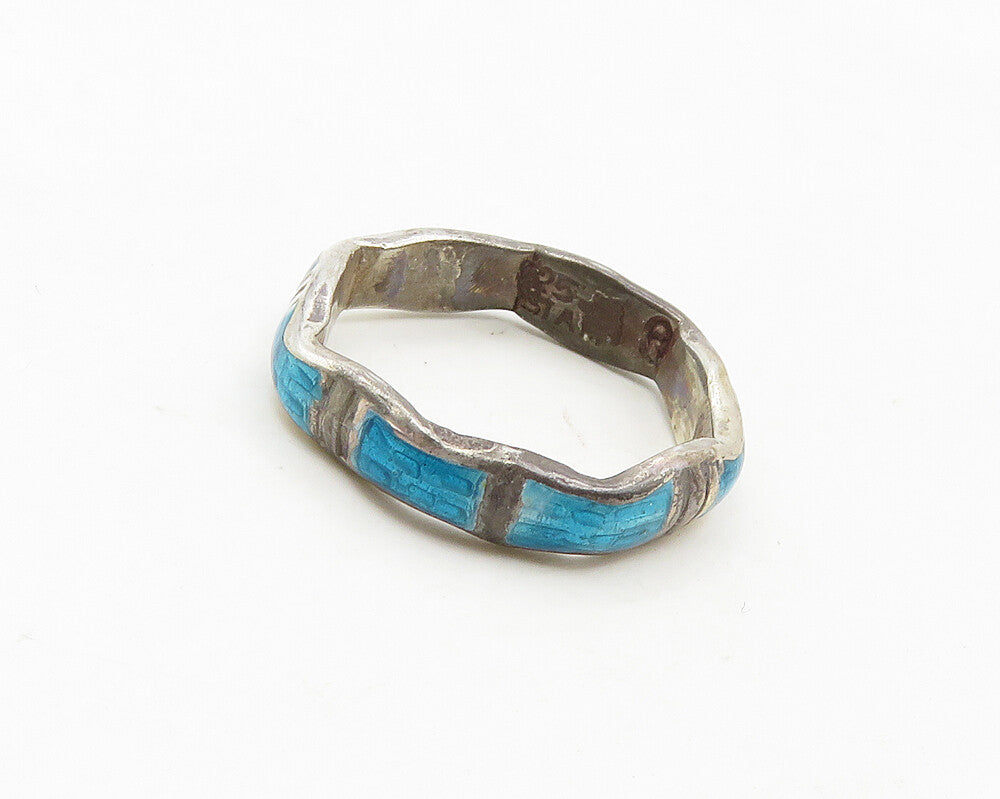 SIAM 925 Sterling Silver  Vintage Blue Enamel Band Ring Sz 6.5  RG18800