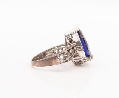 925 Sterling Silver Vintage Ring Sapphire Swirly Carved CZ Inlay  Sz 6  RG29613