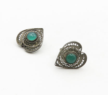 925 Silver Vintage Antique Green Carnelian Heart Non Pierce Earrings EG8039
