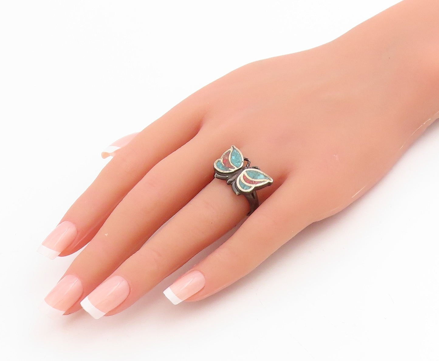 925 Sterling Silver Vintage Ring SOUTHWESTERN Gemstone Butterfly  Sz 7  RG34767