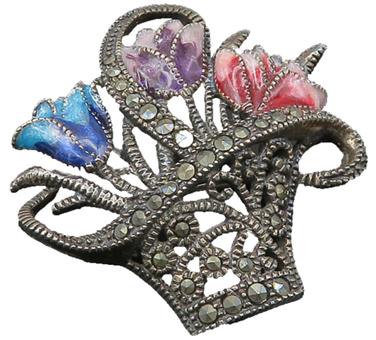 925 Sterling Silver Vintage Marcasite & Enamel Flower Basket Brooch Pin BP8064