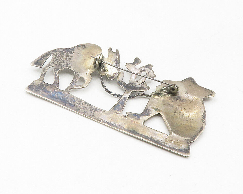 MEXICO 925 Silver  Vintage Antique Turquoise Man & Donkey Brooch Pin  BP4435