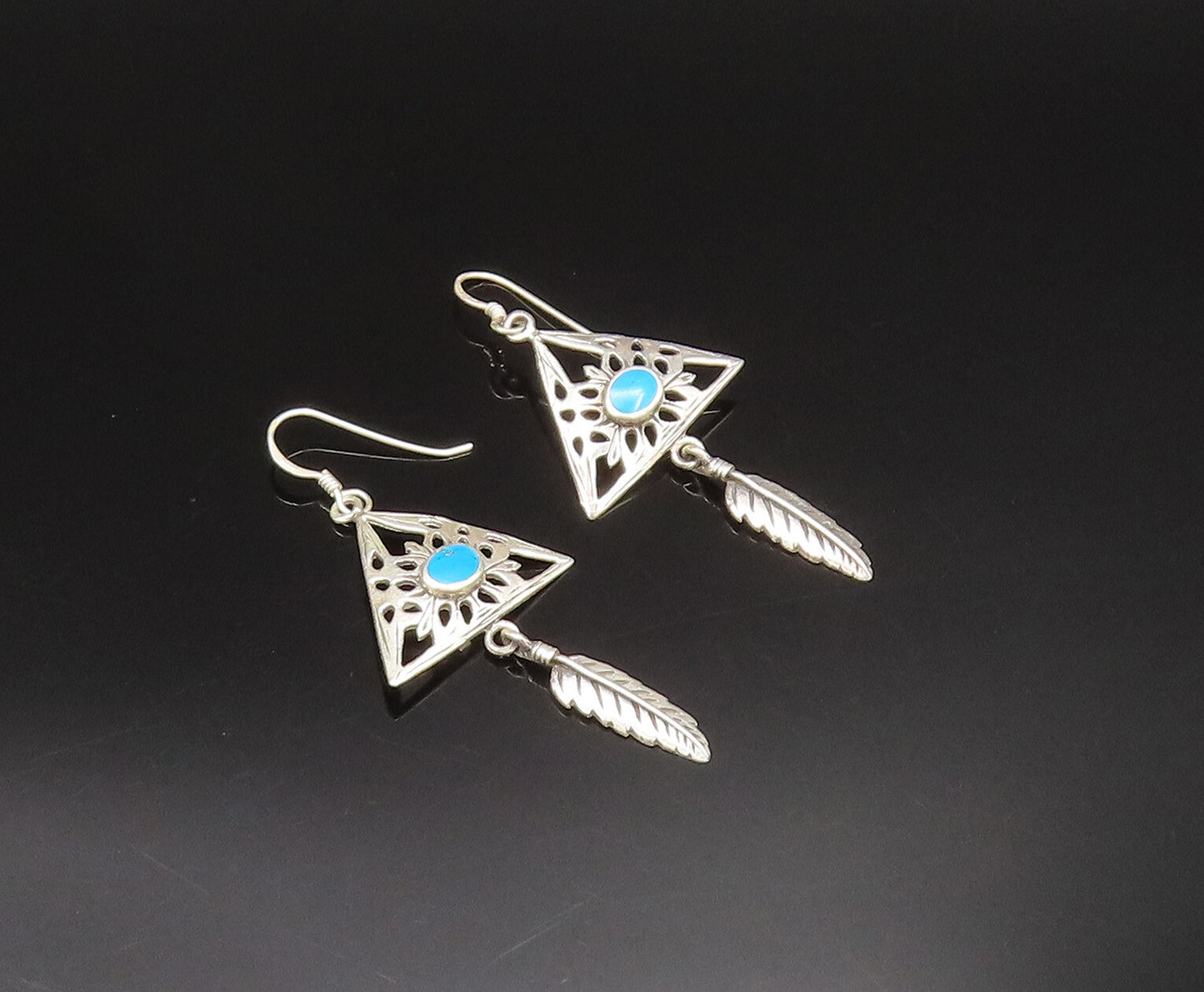 925 Silver  Vintage Open Floral Turquoise Triangle & Feather Earrings  EG11931