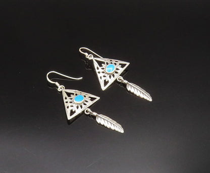 925 Silver  Vintage Open Floral Turquoise Triangle & Feather Earrings  EG11931