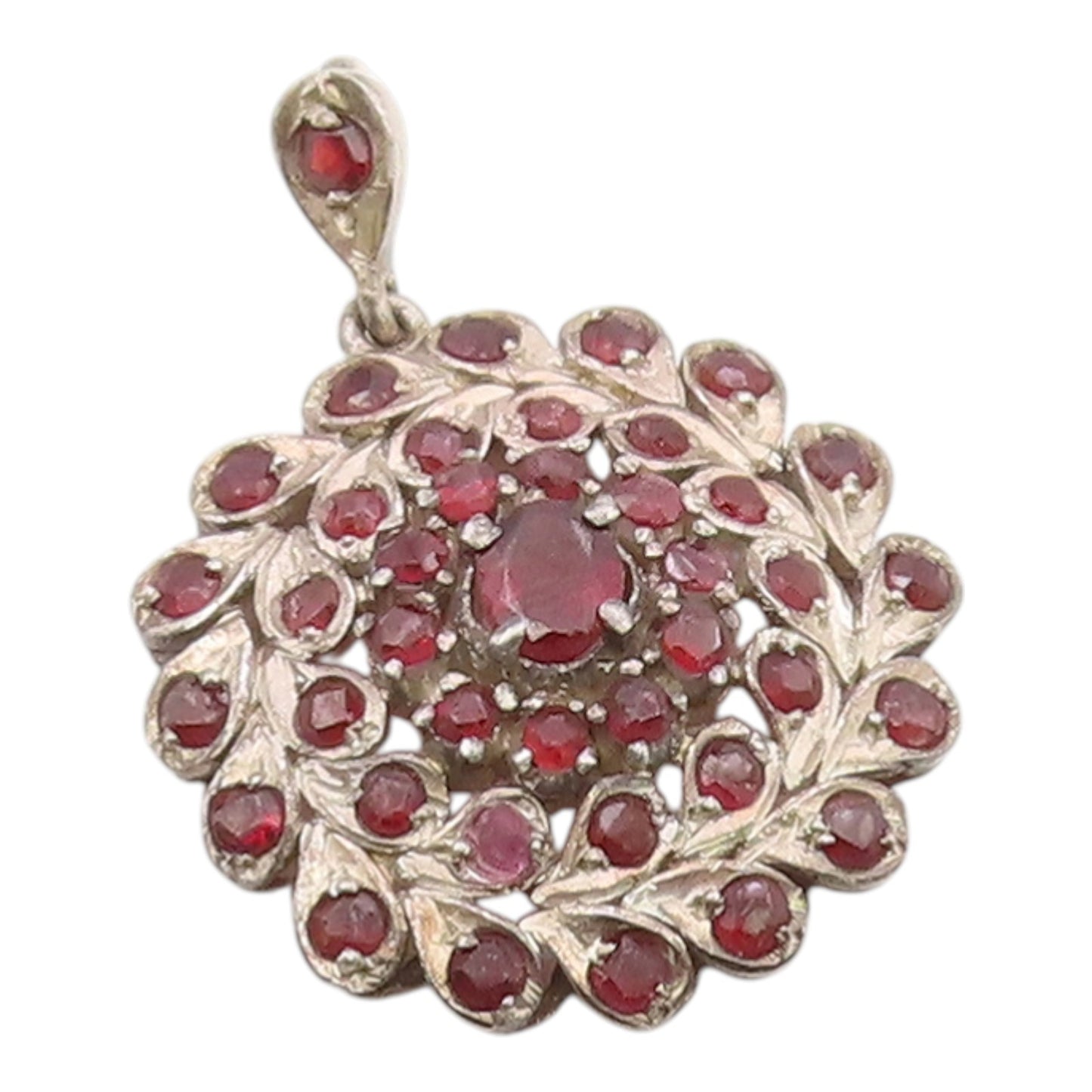 925 Sterling Silver Vintage Pendant Garnet Bohemian Floral Starburst  PT26330