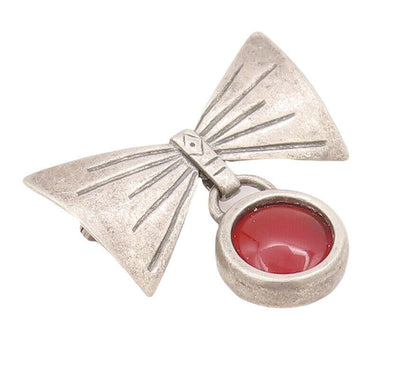 925 Sterling Silver Vintage Brooch Pin Carved Bow Dangling Carnelian  BP10865
