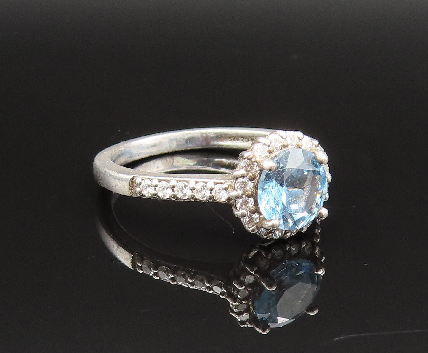 925 Sterling Silver  Vintage Fancy Blue & White Topaz Halo Ring Sz 8  RG25605