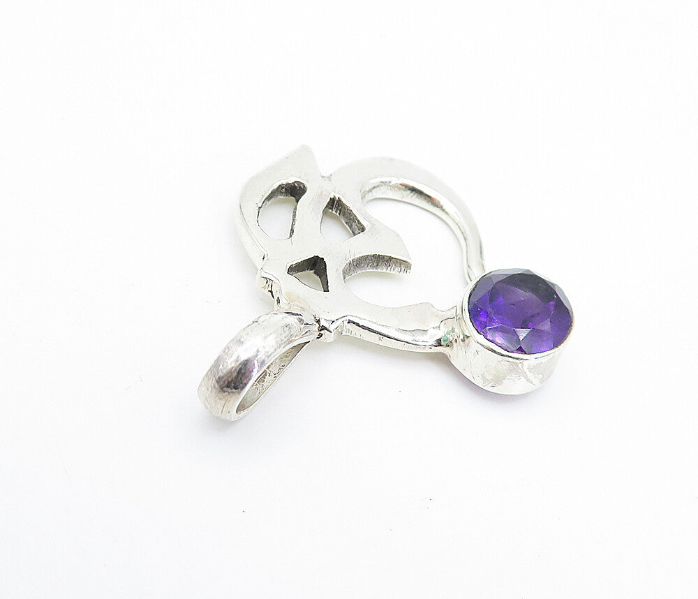 925 Sterling Silver  Faceted Amethyst Om Spiritual Symbol Pendant  PT5945