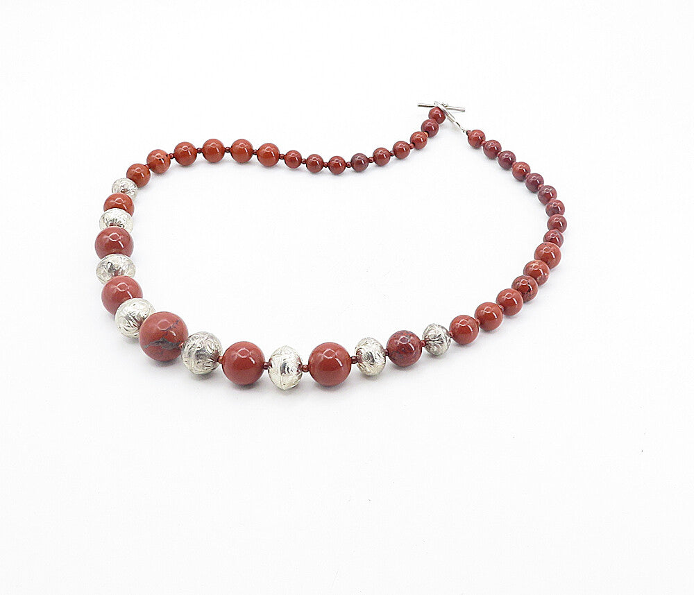 MERAV MEXICO 925 Silver  Vintage Jasper Beaded Pattern Chain Necklace  NE1503