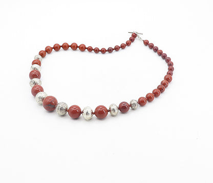 MERAV MEXICO 925 Silver  Vintage Jasper Beaded Pattern Chain Necklace  NE1503