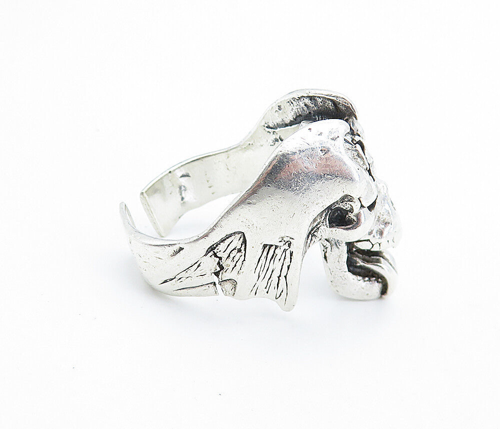 925 Sterling Silver  Vintage Sculpted Skull Head Statement Ring Sz 11.5 RG6238