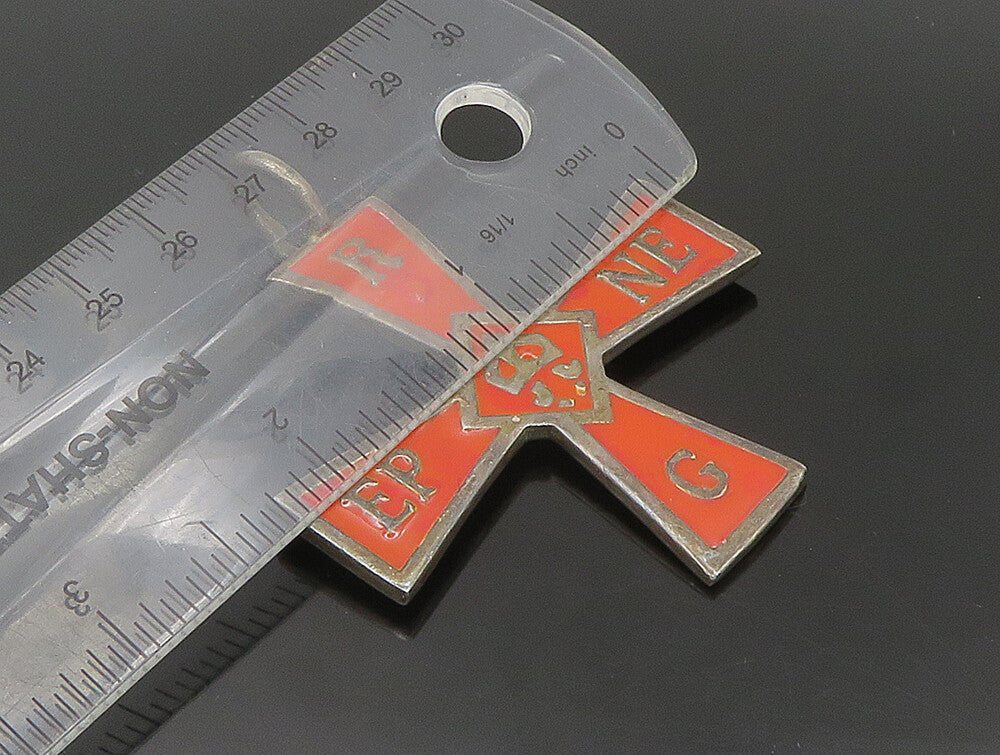 925 Sterling Silver  Vintage Orange Enamel Religious Cross Pendant  PT20031