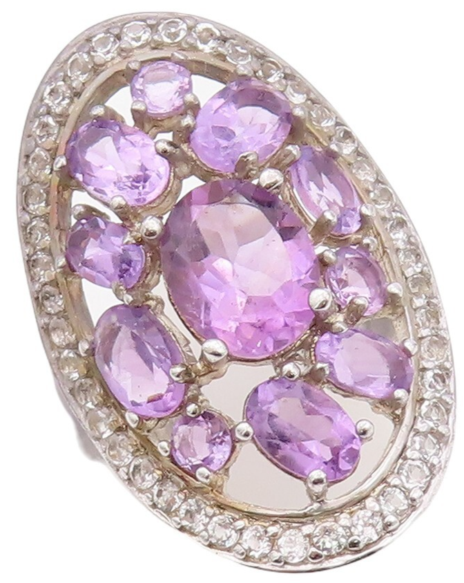 925 Sterling Silver Vintage Ring Oval Cut Amethyst & Topaz Inlay  Sz 7  RG30033