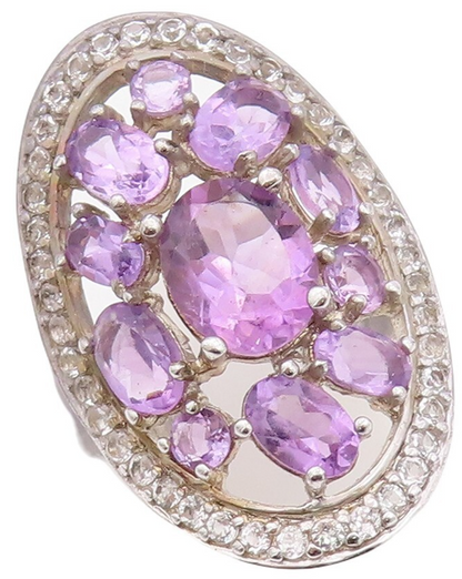 925 Sterling Silver Vintage Ring Oval Cut Amethyst & Topaz Inlay  Sz 7  RG30033