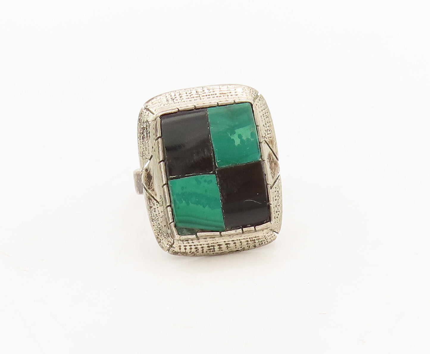 925 Silver  Vintage Onyx & Lapis Lazuli Grid box Rectangle Ring Sz 6  RG27090