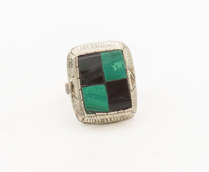 925 Silver  Vintage Onyx & Lapis Lazuli Grid box Rectangle Ring Sz 6  RG27090